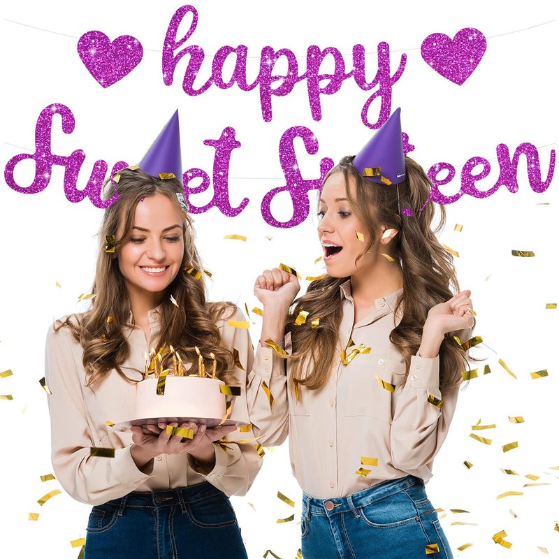 BEISHIDA Purple Glitter Happy Sweet 16 Birthday Banner, Pre-Strung Glitter Happy 16 Birthday Decoration for Girls,Happy 16th Birthday Sign for Women, Girls - Image 5